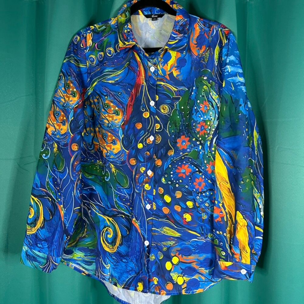 Women's XXL Long Sleeve Button Up Shirt Colorful Abstract Art Artsy Print Casual